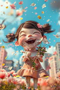 春天可爱的女孩3d插画海报手绘