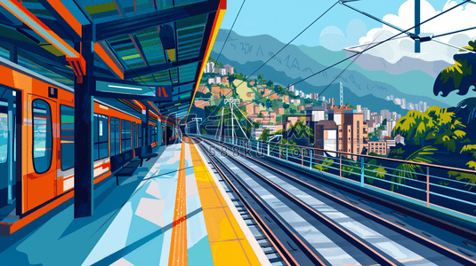 彩色天空天空插画图片_彩色现代高铁轨道站台的插画1