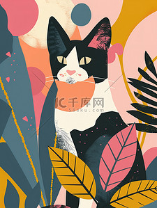 几何方框插画图片_春天艺术可爱的猫的几何平面矢量插画