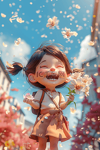 开心的女孩插画图片_可爱的女孩3d手绘春天插画海报