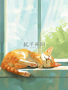 慵懒外套插画图片_慵懒的小猫在窗台上睡觉原创插画