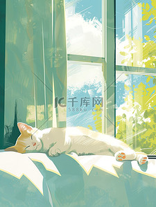 慵懒插画图片_慵懒的小猫在窗台上睡觉矢量插画