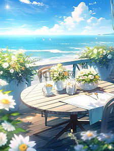 阳光海边阳台白色的雏菊插画设计