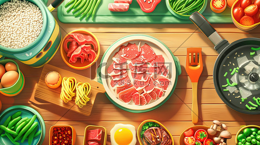 整理材料插画图片_美食火锅材料蔬菜肉类图片