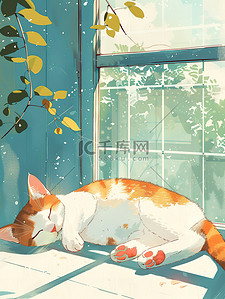 慵懒插画图片_慵懒的小猫在窗台上睡觉矢量插画