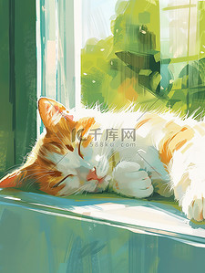 慵懒的小猫在窗台上睡觉原创插画