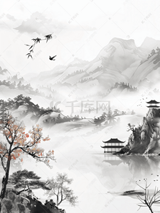 充满郁金香插画图片_充满中国风韵味的水墨山水田园