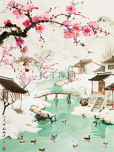 桃树盛开的春水风光池塘插画
