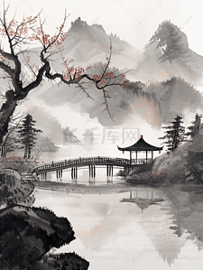 淘宝促销广告设计插画图片_充满中国风韵味的水墨山水田园