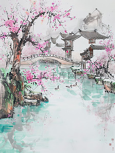 桃树盛开的春水风光池塘插画海报