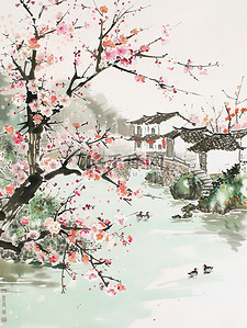 桃树盛开的春水风光池塘插画设计