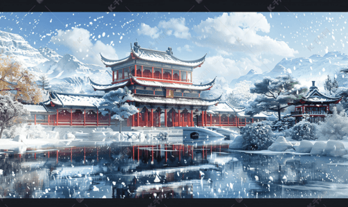 古典园林插画图片_中式古典园林中的雪景