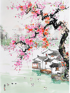 桃树盛开的春水风光池塘图片