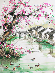 猕猴桃树插画图片_桃树盛开的春水风光池塘素材
