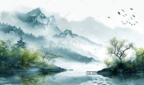 白色淡雅插画图片_水墨中国风的山水田园风光