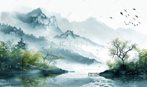 淡雅水墨背景插画图片_水墨中国风的山水田园风光