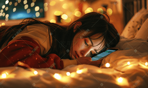 微信插画图片_深夜睡前躺着玩手机的女生