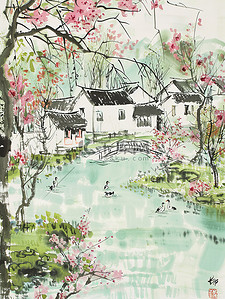猕猴桃树插画图片_桃树盛开的春水风光池塘插画