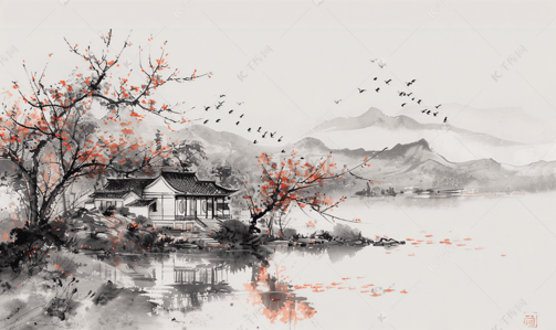 白色淡雅插画图片_水墨中国风的山水田园风光