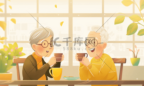相伴插画图片_老年夫妻喝茶聊天