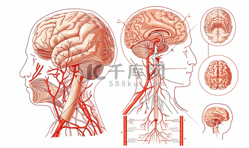 大脑插画图片_大脑的动脉示意图和下面观医疗照片