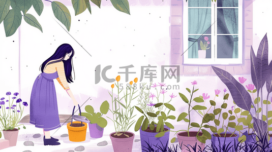 彩色手绘种花草的女孩插画