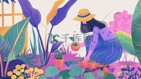 彩色手绘种花草的女孩插画