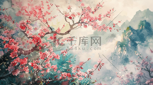彩色中国风盛开的樱花风景插画