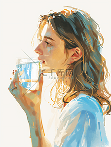 空杯子满杯子插画图片_女性端着杯子喝水