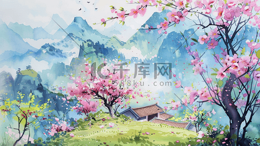 彩色中国风盛开的樱花风景插画