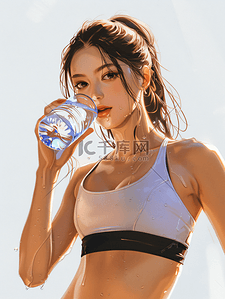 运动美女插画图片_年轻女性运动健身喝水