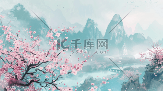 盛开的粉色花朵插画图片_彩色中国风盛开的樱花风景插画