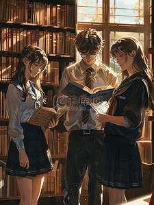 日系甜美插画图片_图书馆看书的同学