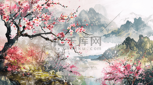 盛开的粉色花朵插画图片_彩色中国风盛开的樱花风景插画