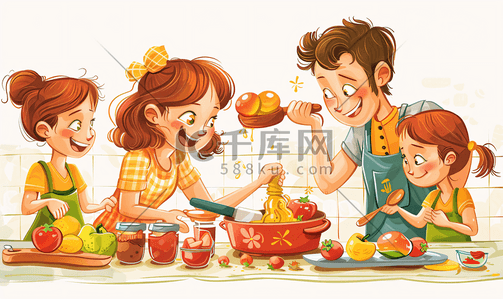 低头做饭插画图片_全家人一起做饭