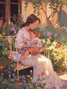 彩色手绘绘画妈妈抱宝贝的插画