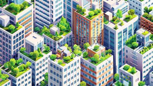 城市楼房插画图片_简约绿色绿化城市楼房建筑设计的插画