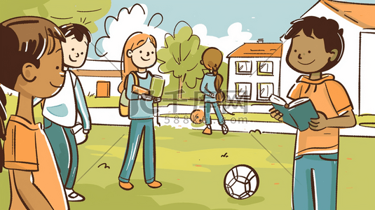 彩色卡通手绘儿童操场上看书踢球的插画