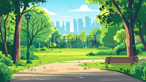 手绘绿色公园里树木长椅的插画