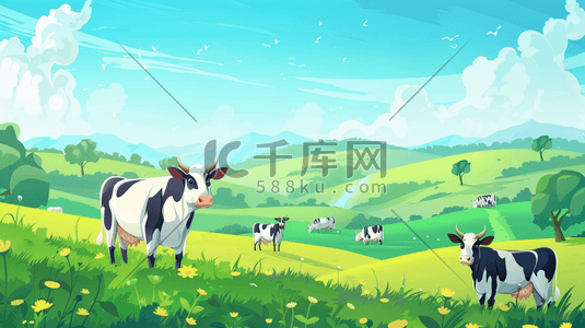 蓝白云插画图片_户外草原山坡蓝天下放养奶牛的插画
