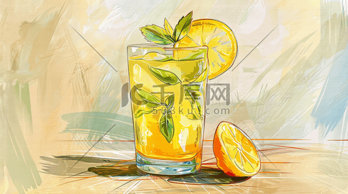 彩色手绘绘画渐变纹理柠檬饮料的插画