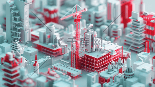 白底红色系插画图片_简约立体白红色城市建筑摆件的插画