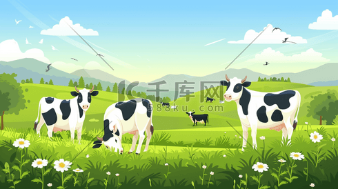 户外草原山坡蓝天下放养奶牛的插画