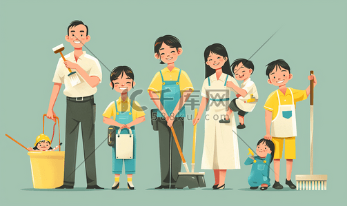 服务人员插画图片_亚洲人幸福家庭与维修服务人员