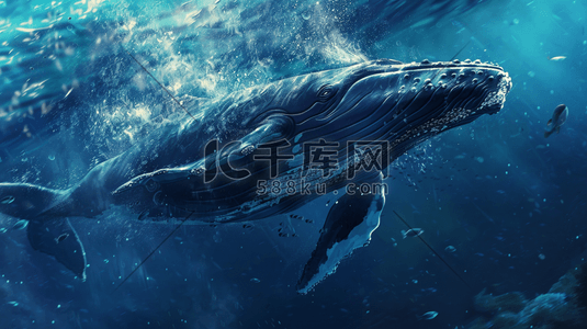 深海插画图片_彩色深海里鲸鱼鲨鱼生物的插画
