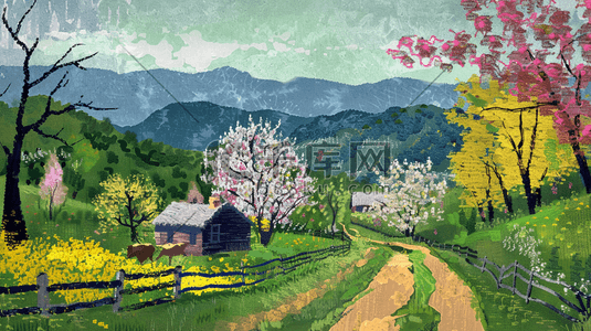 瑞士风光插画图片_彩色手绘油画田园风景风光的插画