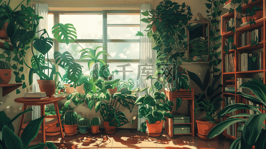 彩色手绘室内空间绿植植物的插画