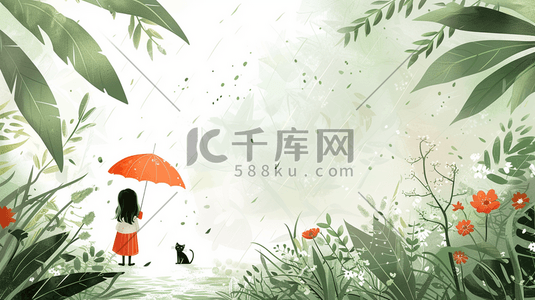 给别人打伞插画图片_彩色手绘绘画森林里下雨女孩打伞的插画