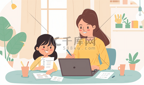 母女在家笔记本电脑上网课