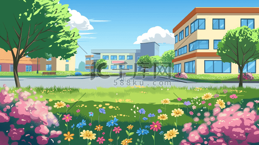彩色盛放花朵插画图片_彩色绘画唯美校园建筑景色的插画